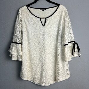 Olivia Blu Lace Lined Blouse Rhinestone Detail Bell Sleeve Classy Top Plus Sz 1X